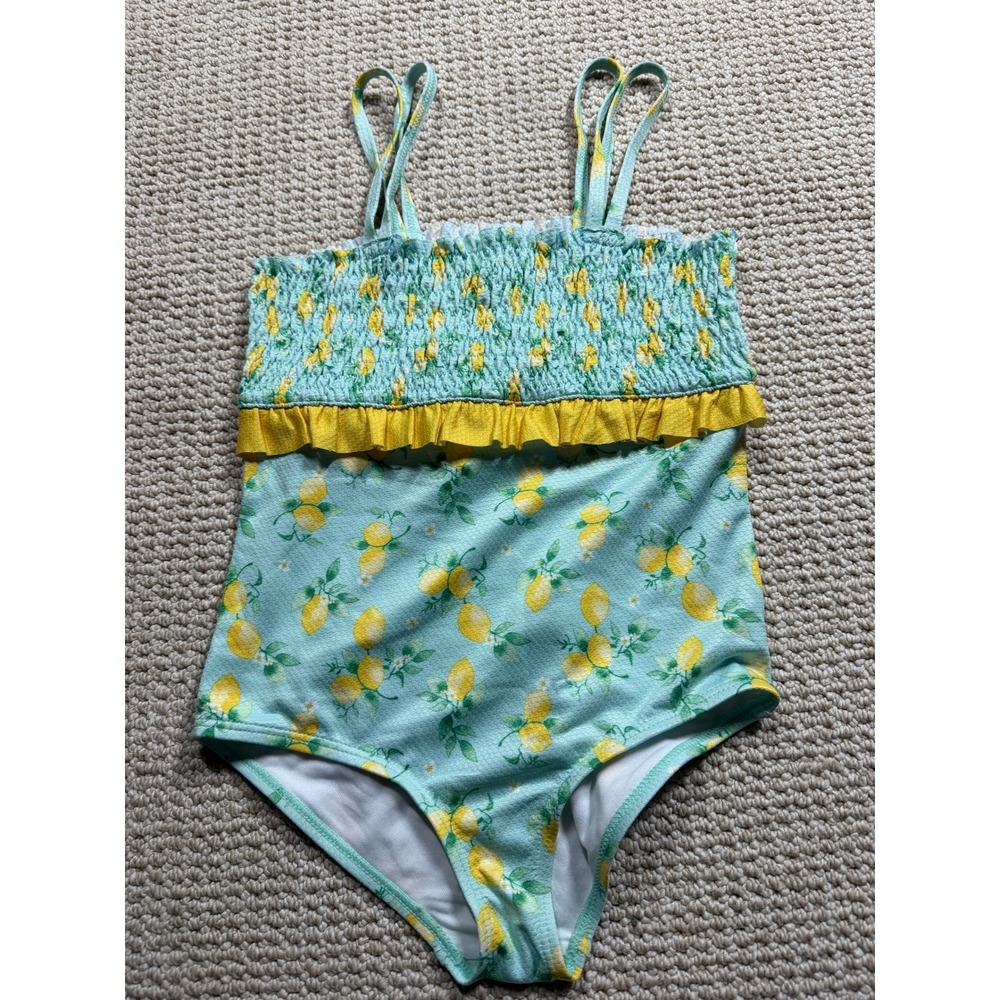 Crown &‎ Ivy Kids One Piece Swimsuit Girls 10 Blue Lemon Smocked Ruffled Beachy